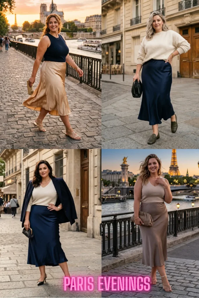 A four-photo collage of a woman modeling Paris summer evening outfits featuring satin slip skirts, lightweight knit tops, and clutch bags along the Seine River and streets of Paris at sunset.