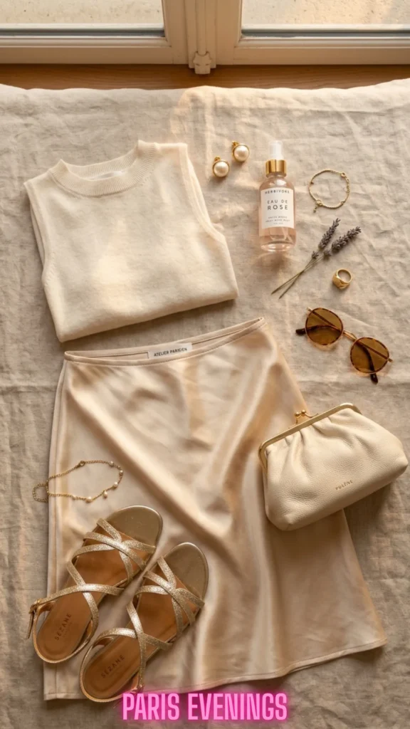 Flat lay of a romantic Paris summer evening outfit featuring a champagne satin slip skirt, a sleeveless cream knit top, metallic gold strappy sandals, and a cream leather pouch clutch.