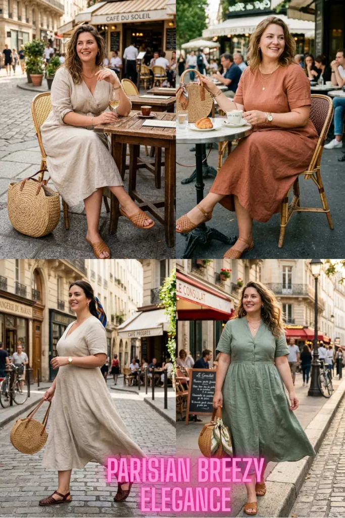 A four-photo collage of a woman showcasing Parisian summer fashion while walking and sitting at outdoor sidewalk cafés in Paris, wearing midi-length linen dresses in oatmeal, clay, and sage green, paired with basket bags and sandals.