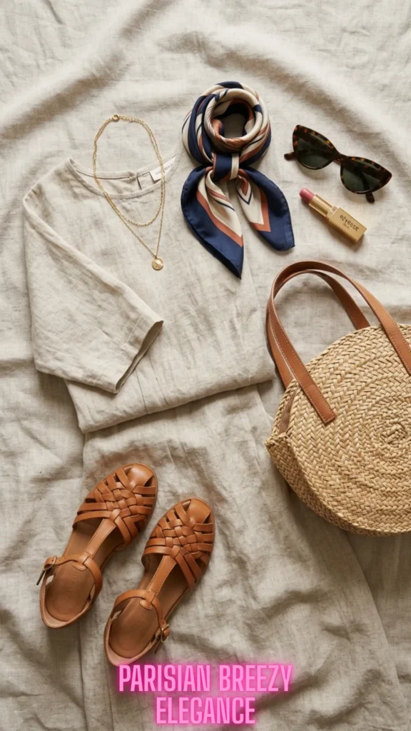 Flat lay of a Parisian summer outfit featuring an oatmeal-colored linen dress, brown woven leather sandals, a round straw basket bag, a navy and rust silk scarf, tortoise sunglasses, a gold pendant necklace, and pink lipstick on a textured linen background.