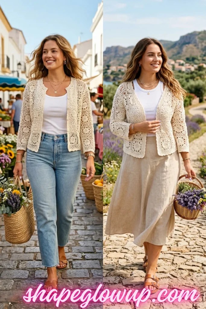 A side-by-side comparison of two cottagecore summer outfits. On the left, a woman walks down a cobblestone street wearing an ecru crochet cardigan over a white tank top and light-wash blue jeans while carrying a straw basket of lavender flowers. On the right, she wears the same cardigan paired with a beige linen midi skirt, brown leather slide sandals, and carries a small wicker flower basket.