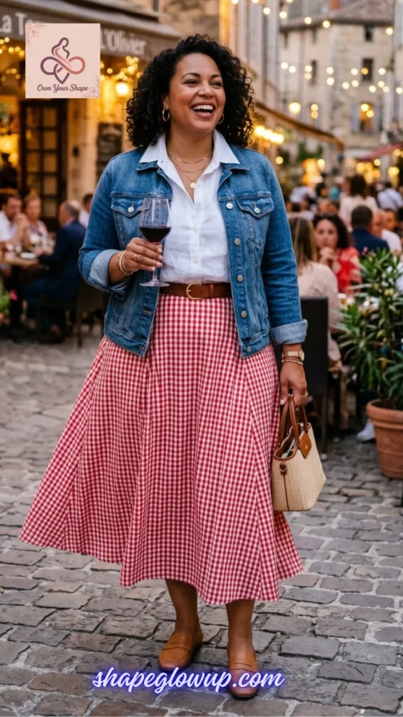 A smiling woman in a denim jacket and a red gingham skirt at a party, showcasing White & Effortless: 5 Key Pieces, 10 Fabulous 4th of July Looks.