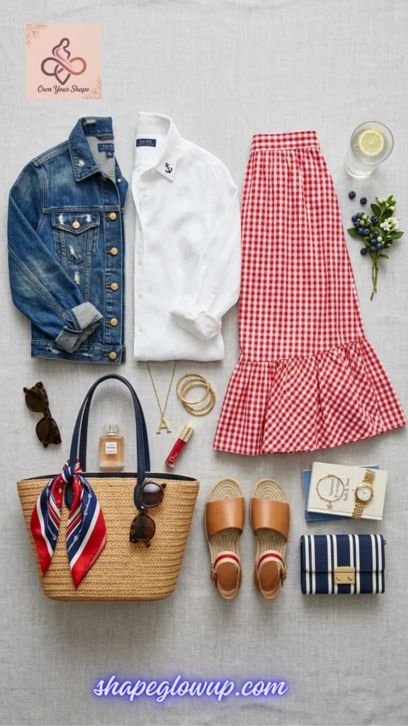 Flat lay of a red gingham skirt, white linen shirt, and a denim jacket for White & Effortless: 5 Key Pieces, 10 Fabulous 4th of July Looks.