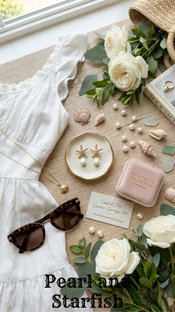 A romantic coastal flat lay showcasing ocean-themed pearl jewelry from 7 Summer Earrings 2026 That Will Instantly Upgrade Your Look.