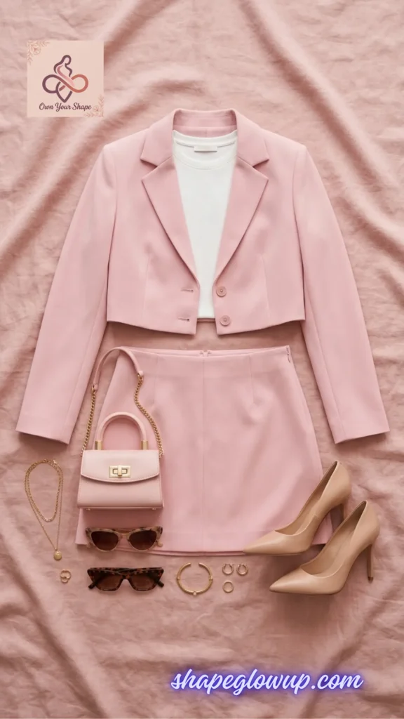 The Cutest Ink Ideas: Steal My Style: 7 Chic Mini Dress Looks for 2026 featuring a flat lay of a pastel pink cropped blazer and mini skirt co-ord set.