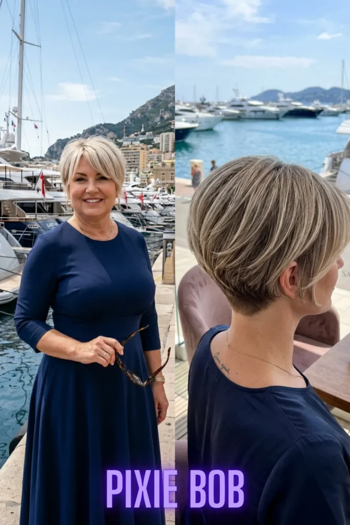 A chic platinum pixie bob, demonstrating 7 curtain bang haircuts that instantly make you look younger.