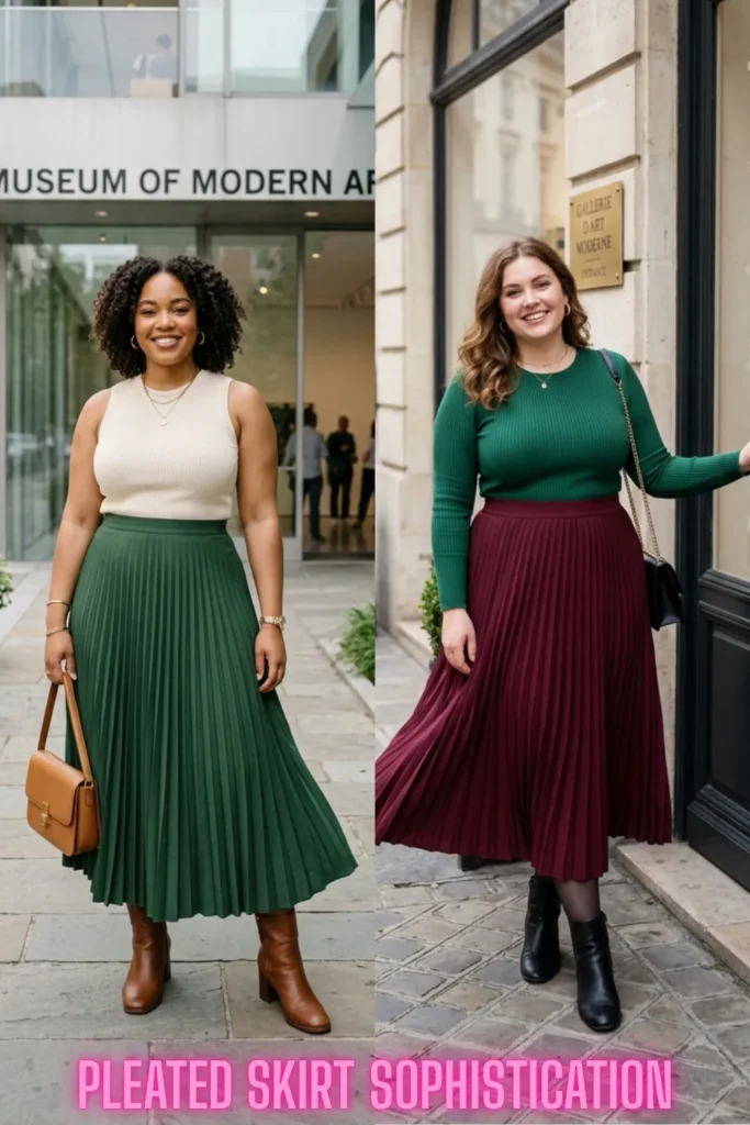 Elegant pleated midi skirts styled beautifully on two women for You Don't Have to Hide Your Tummy: 10 Ways to Dress It Beautifully.