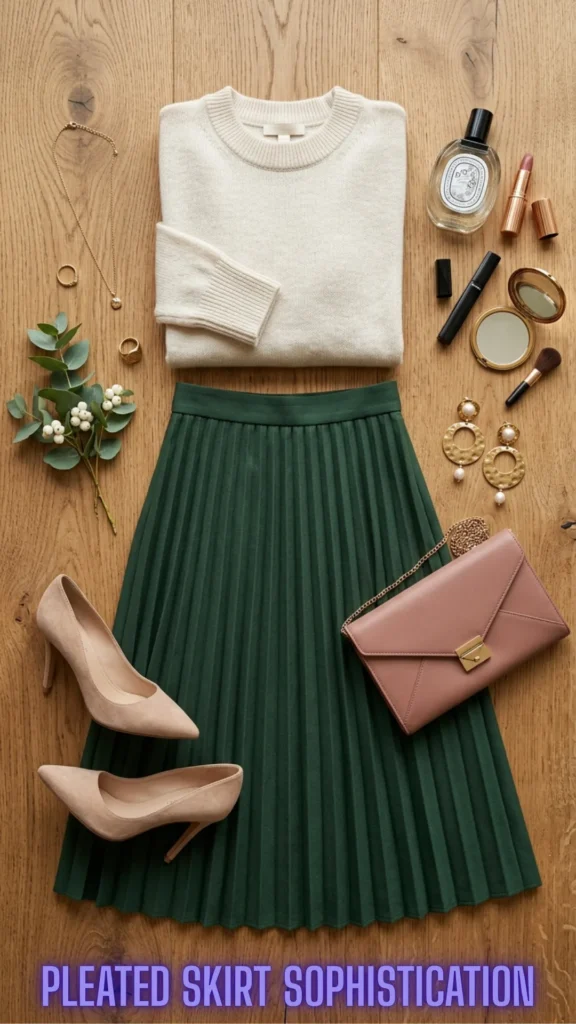 A cozy yet sophisticated outfit layout featuring a forest green pleated midi skirt for You Don't Have to Hide Your Tummy: 10 Ways to Dress It Beautifully.