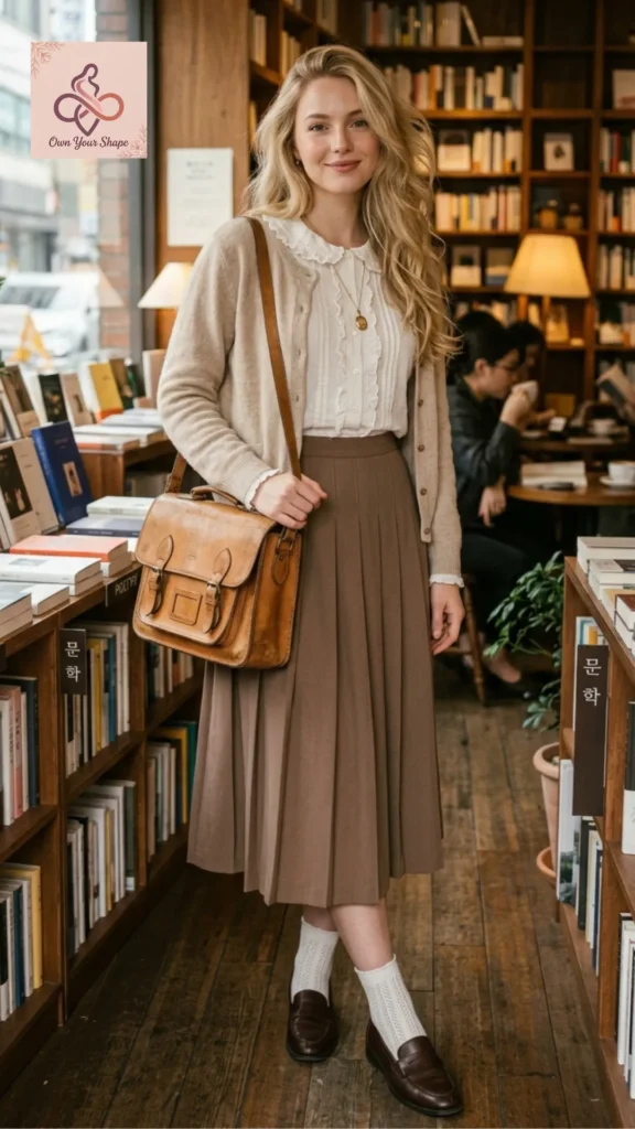 A woman in a bookstore wearing a beige cardigan and brown pleated skirt for 2026 Korean Fashion is HERE: 5 Must-Wear Trends You Need to Try.