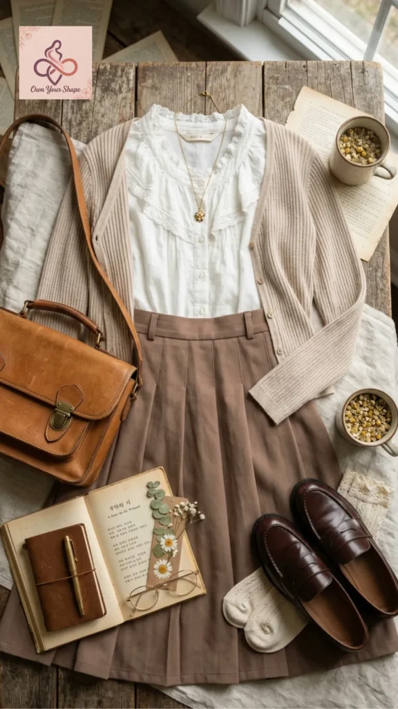 An aesthetic academic flat lay outfit with a pleated skirt and leather satchel illustrating 2026 Korean Fashion is HERE: 5 Must-Wear Trends You Need to Try.