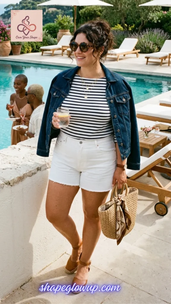 A smiling woman wearing a striped shirt and white denim shorts with a denim jacket draped over her shoulders for White & Effortless: 5 Key Pieces, 10 Fabulous 4th of July Looks.