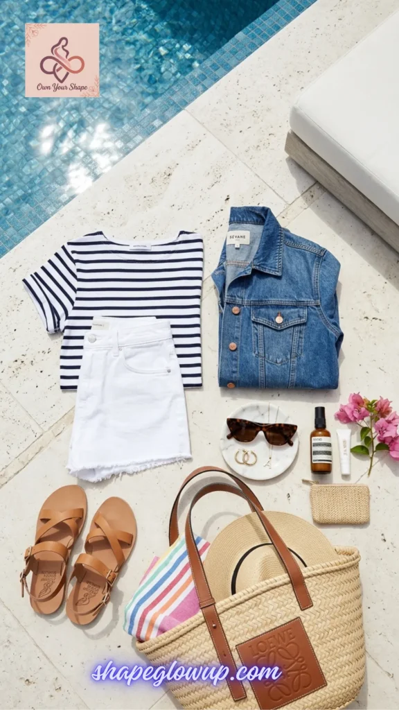 Flat lay of summer fashion items featuring a striped tee, white denim shorts, and a denim jacket by a pool, showcasing White & Effortless: 5 Key Pieces, 10 Fabulous 4th of July Looks.