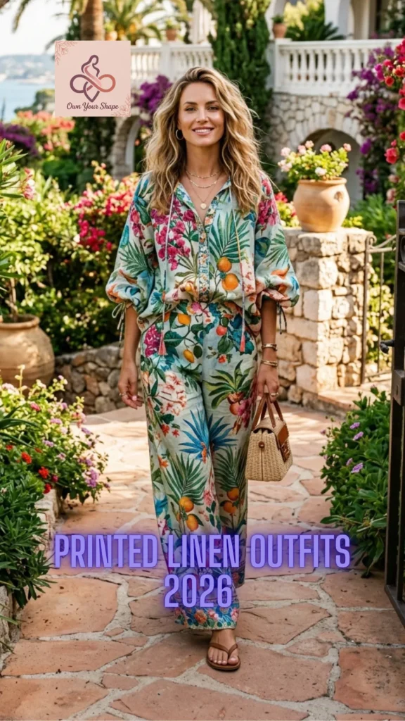 A woman walking in a Mediterranean garden wearing a colorful botanical print jumpsuit from 5 Gorgeous Linen Outfits That Make You Glow in 2026.