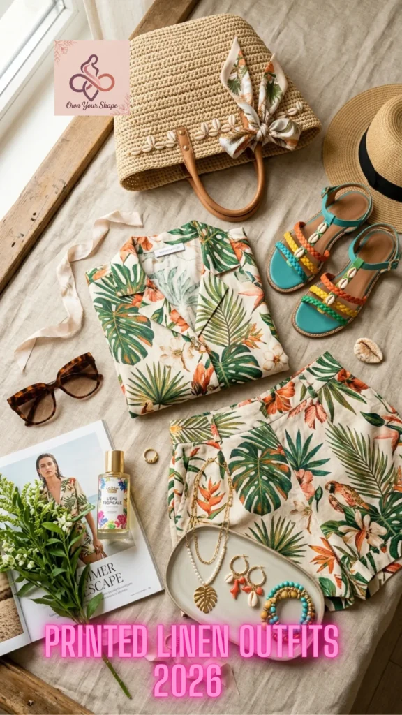 Tropical print short and shirt set flat lay, a vibrant choice for 5 Gorgeous Linen Outfits That Make You Glow in 2026.
