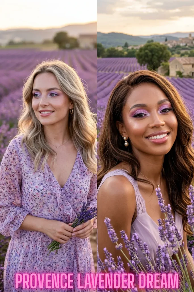Soft lavender and lilac eyeshadow in a flower field to brighten your look with 7 colorful eye makeup ideas that pop.