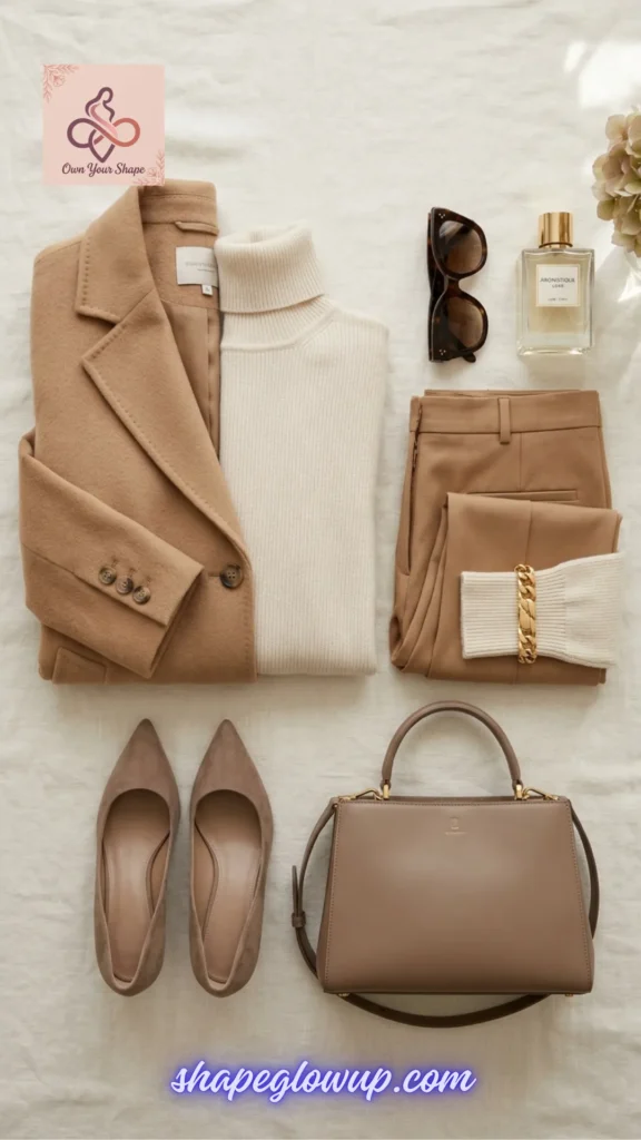 A cohesive earth-toned camel and cream flat lay representing 7 Trending Expensive Outfit USA 2026 Looks (That Actually Look High-End!).