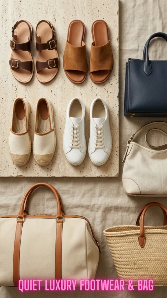Flat lay display of minimalist summer footwear and bags featuring leather strappy sandals, tan suede slides, canvas espadrilles, white leather sneakers, a navy blue tote, a woven straw basket bag, and canvas duffel bags.