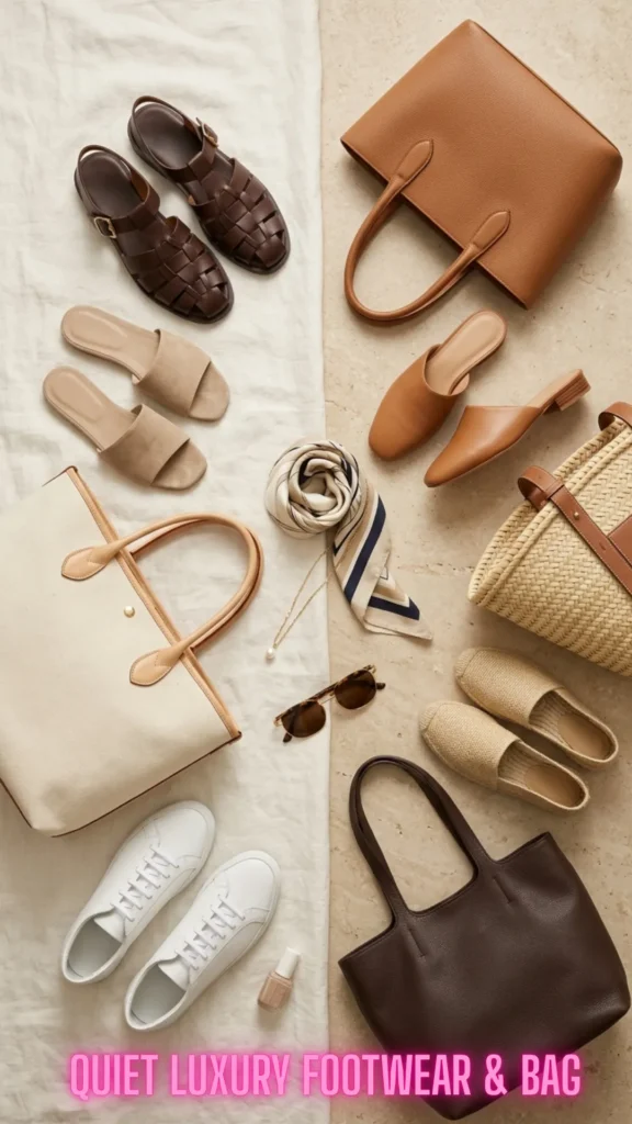 Flat lay assortment of quiet luxury summer accessories including dark brown leather fisherman sandals, beige suede slides, tan leather mules, white sneakers, a canvas tote, a straw basket bag, and structured leather handbags.