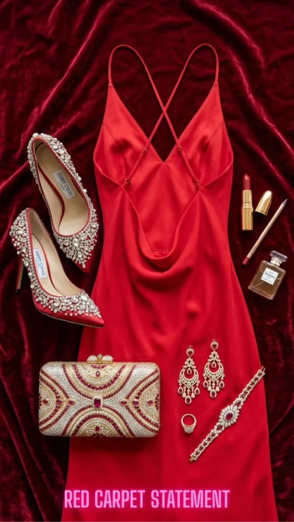 Glamorous red evening dress outfit flat lay curated for 10 Open-Back Dresses That Are Turning Heads in 2026: Elegant Styles You'll Want to Wear Everywhere.
