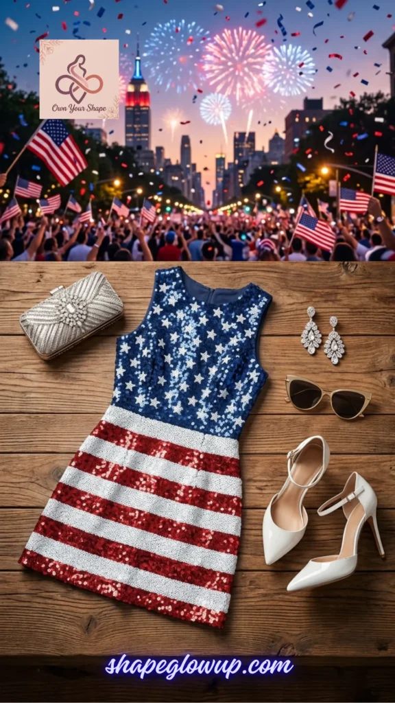 A glamorous sequin party dress flat lay from the 7 Fancy 4th of July Outfits for Women in 2026 – Dressy Patriotic Looks for the 250th Celebration.
