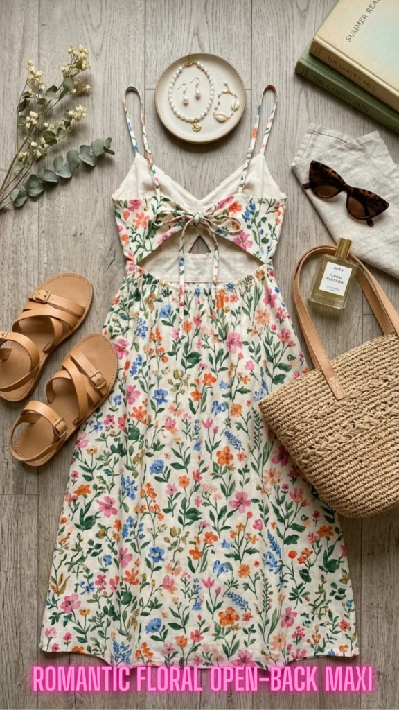 Summer style flat lay showcasing a casual floral sundress from 10 Open-Back Dresses That Are Turning Heads in 2026: Elegant Styles You'll Want to Wear Everywhere.