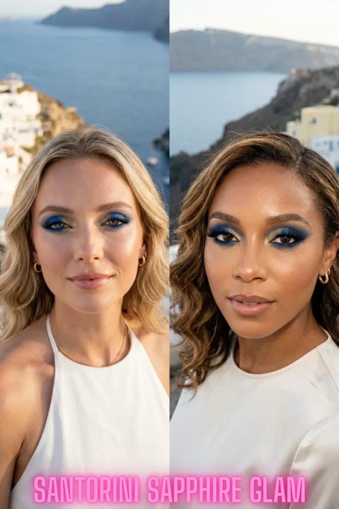 Deep sapphire blue eyeshadow with gold accents to brighten your look with 7 colorful eye makeup ideas that pop.