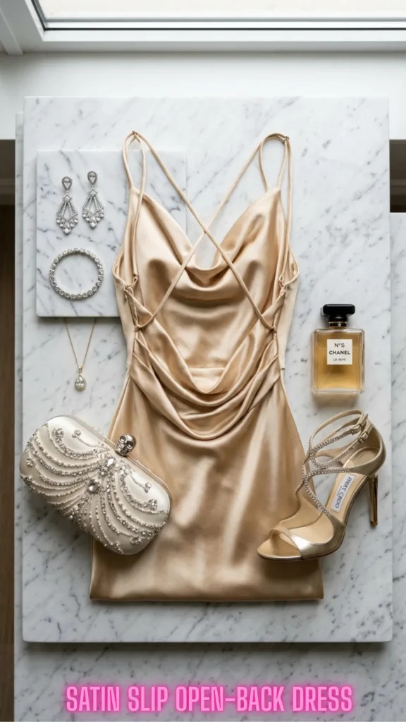 A silk gold dress laid flat with luxury accessories, styled for 10 Open-Back Dresses That Are Turning Heads in 2026: Elegant Styles You'll Want to Wear Everywhere.