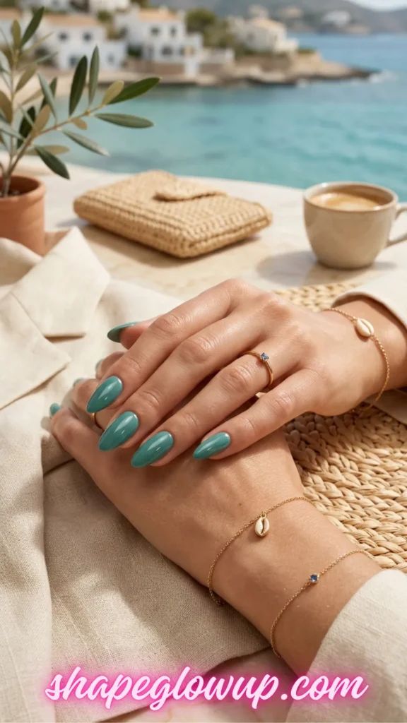A close-up of a woman’s hands folded on a woven placemat, showcasing a high-shine, glossy seafoam green manicure on elegant almond-shaped nails. She wears dainty gold chain bracelets with cowrie shell details and a gold ring. The background features a beautiful ocean view with coastal buildings, a straw clutch, and a coffee cup.