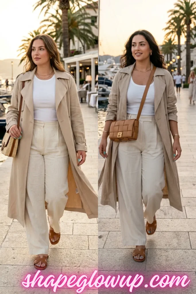 A side-by-side view of a woman walking outdoors in a chic summer evening outfit. She is wearing a lightweight beige trench coat layered over a white ribbed tank top and high-waisted cream wide-leg trousers. Her look is completed with brown leather slide sandals and a woven crossbody bag, with a glimpse of her seafoam green nail polish adding a soft pop of color.