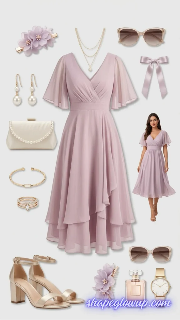 A fashion flat lay product collage featuring a dusty rose A-line midi dress with sheer, flowing flutter sleeves, a V-neckline, and a layered chiffon skirt. The dress is surrounded by coordinating accessories against a neutral background, including gold and pearl drop earrings, a layered necklace, a white pearl-handle clutch bag, metallic gold block-heel sandals, oversized sunglasses, a lavender floral hair clip, a silk bow, and perfume. A small inset image shows a model wearing the dress. This flat lay illustrates complementary accessories for an ethereal dress featuring flattering flutter sleeves. The website "shapeglowup.com" is watermarked in the corner.