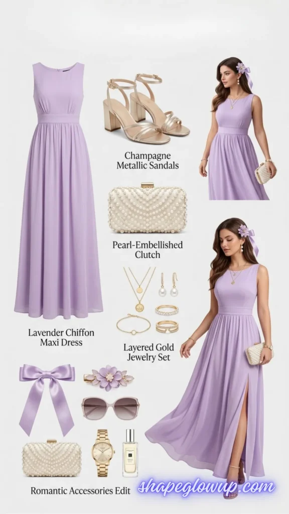 A fashion graphic collage against a plain white background showcasing a sleeveless lavender chiffon maxi dress with a defined waistband and flowing floor-length skirt. The image features text-labeled accessories: "Champagne Metallic Sandals," a "Pearl-Embellished Clutch," and a "Layered Gold Jewelry Set." Additional unlabelled accessories include a lavender hair bow, a floral hair clip, sunglasses, a gold watch, and perfume. Two inset model shots on the right display a curvy brunette woman wearing the dress, highlighting its long silhouette and high thigh slit. The website watermark "shapeglowup.com" sits in the bottom right corner