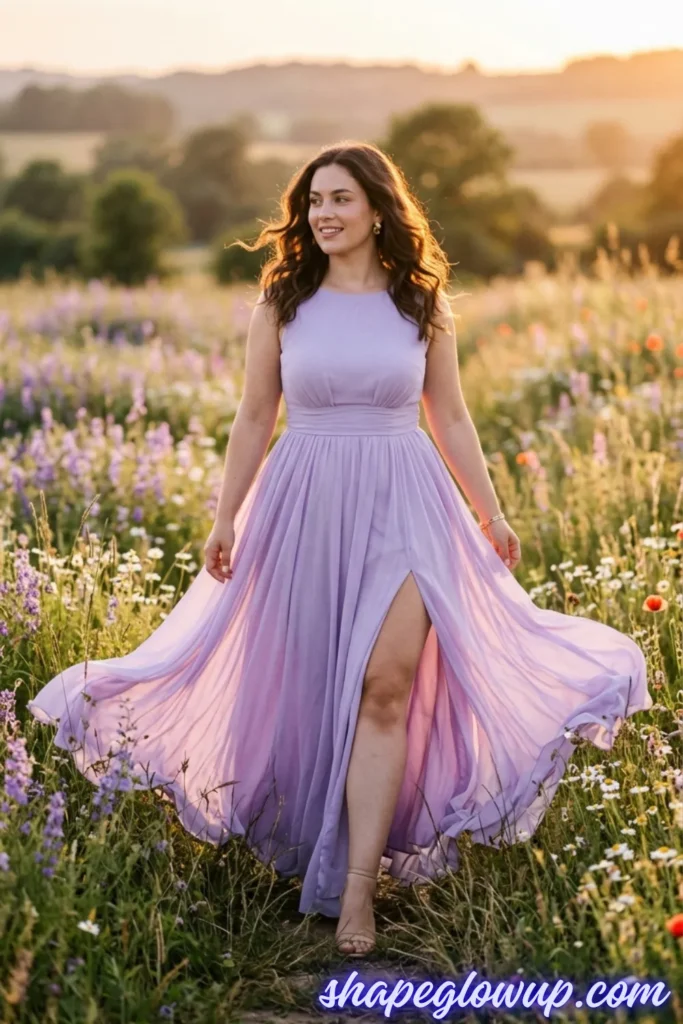 A full-body shot of a smiling curvy woman with wavy dark hair walking through an open countryside field filled with wild purple flowers and daisies at sunset. She is wearing an elegant, floor-length lavender chiffon maxi dress featuring a sleeveless boat-neck bodice, a cinched waist, and a voluminous flowing skirt. A high thigh slit opens as she walks, creating a dramatic, airy movement that showcases a hint of her leg. The cursive watermark "shapeglowup.com" is visible in the bottom right corner