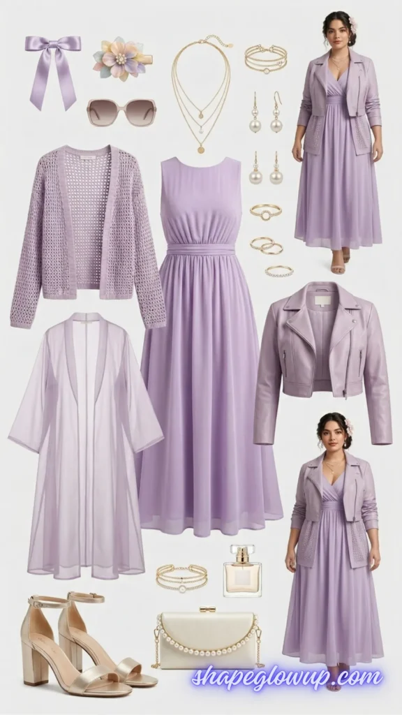 A fashion graphic flat lay showcasing layering options for a sleeveless lavender chiffon maxi dress against a plain white background. The center features the dress alongside three distinct outerwear layers: a light purple open-stitch crochet cardigan, a long sheer lavender duster kimono, and a cropped lavender faux-leather moto jacket. Gold block-heel sandals, a pearl clutch bag, gold layered jewelry, hair accessories, and perfume complete the layout. On the right, two inset model images show a curvy woman wearing the dress paired with the cropped jacket and cardigan, demonstrating how to add texture without bulk. The website URL "shapeglowup.com" is watermarked at the bottom.