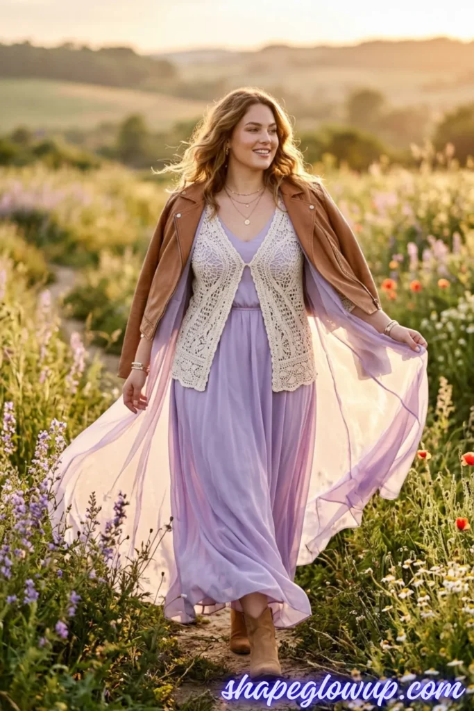 A full-body photograph of a smiling curvy woman walking through a sunlit wildflower field at golden hour. She perfectly demonstrates strategic outfit layering by wearing a long, flowing lavender maxi dress underneath an open-front cream crochet vest, with a classic tan leather jacket draped casually over her shoulders. Her lightweight gown catches the breeze as she walks, and she completes the bohemian look with tan ankle boots. The website name "shapeglowup.com" is watermarked in script in the lower right corner.