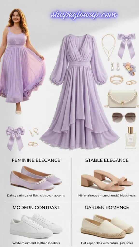 A fashion graphic guide showcasing footwear options paired with a long-sleeved lavender maxi dress featuring bishop sleeves and a tiered skirt. The layout includes an inset photo of a curvy woman in a similar dress on the left, alongside dainty gold and pearl accessories on the right. Below the dress layout, a four-quadrant chart displays shoe pairings with descriptive titles: "Feminine Elegance" features lavender satin ballet flats with pearl accents; "Stable Elegance" features minimal neutral-toned block heels; "Modern Contrast" features white minimalist leather sneakers; and "Garden Romance" features flat cream espadrilles with natural jute soles. The website "shapeglowup.com" is watermarked in script at the top.