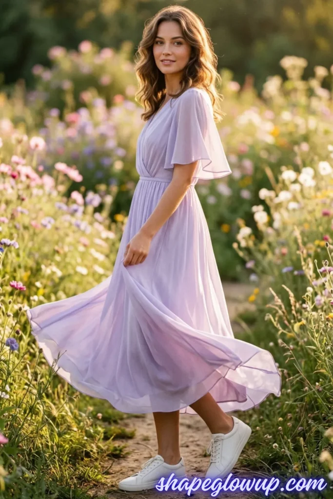 A side-profile photograph of a smiling woman with wavy light brown hair twirling in a sunlit wildflower garden. She is wearing a romantic, lightweight lavender midi dress with airy flutter sleeves and a defined waist. Showcasing a modern contrast styling trick, she pairs the whimsical dress with clean, white minimalist leather sneakers, keeping the outfit grounded, comfortable, and practical for daytime wear. The website URL "shapeglowup.com" is watermarked in the bottom right corner.