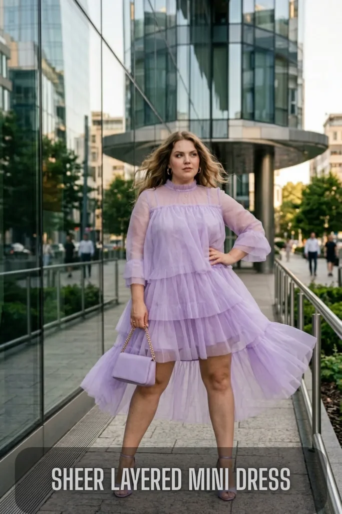 A woman modeling a lavender Sheer Layered Mini Dress against a modern city building backdrop, highlighting Dreamy, Edgy & Chic: The 7 Mini Dresses Defining 2026.
