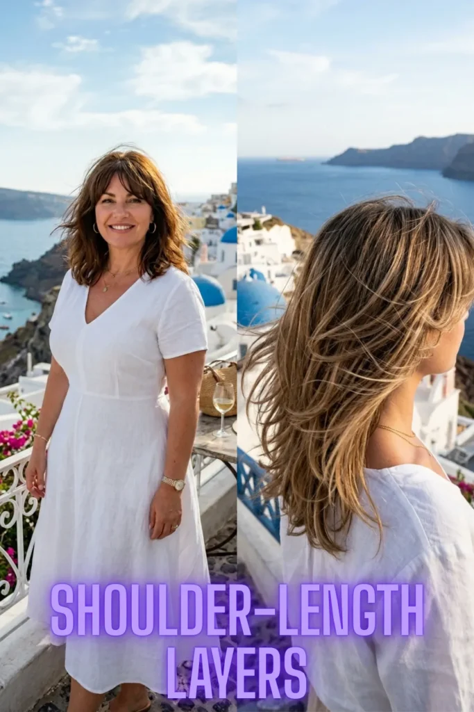 Voluminous shoulder-length layers, part of the 7 curtain bang haircuts that instantly make you look younger.