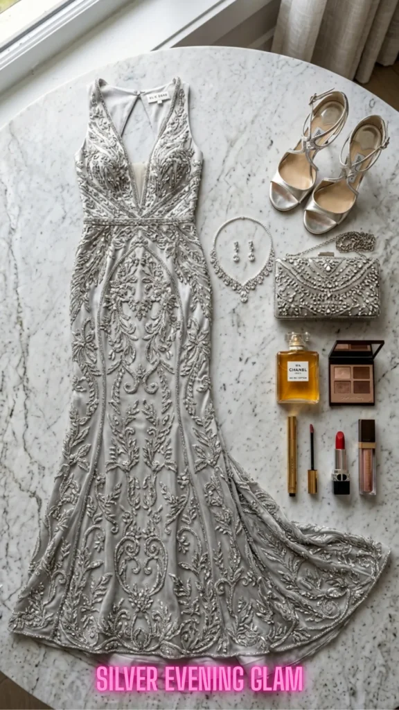 Ornate silver sequin mermaid dress lay flat layout from 10 Open-Back Dresses That Are Turning Heads in 2026: Elegant Styles You'll Want to Wear Everywhere.