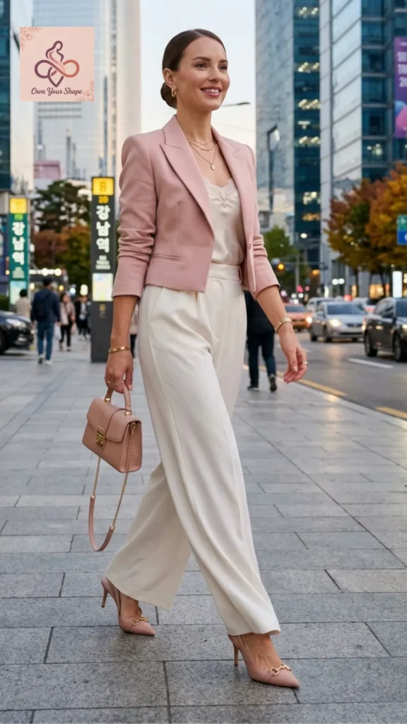A woman walking on a city street in a pastel pink blazer and white wide-leg trousers for 2026 Korean Fashion is HERE: 5 Must-Wear Trends You Need to Try.