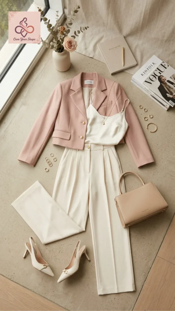 A chic office-ready flat lay outfit with a pink blazer and cream trousers from 2026 Korean Fashion is HERE: 5 Must-Wear Trends You Need to Try.