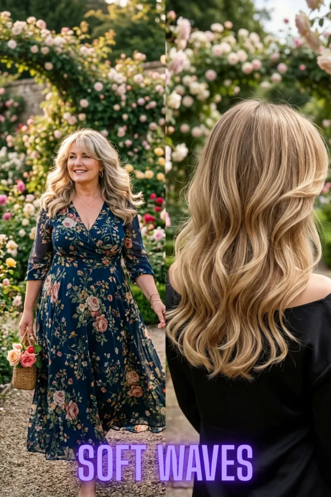 Long hair styled in soft waves, a prime example of 7 curtain bang haircuts that instantly make you look younger.