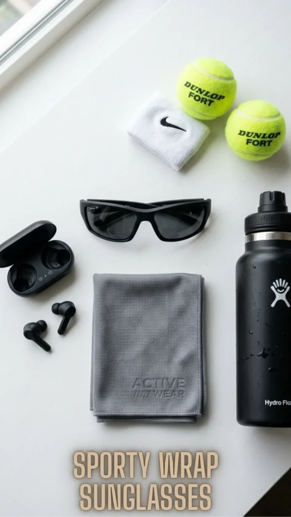 Sleek black athletic eyewear shown in a fitness flat-lay for the Upgrade Your Summer Style – 10 Best Summer Sunglasses 2026 trends.