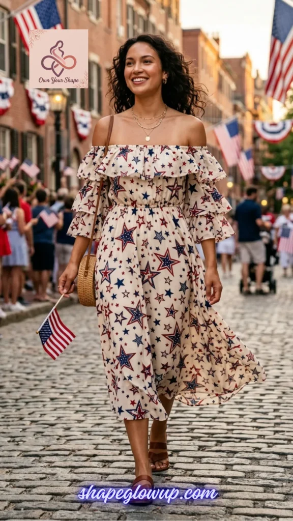 A woman wearing a romantic off-the-shoulder dress from the 7 Fancy 4th of July Outfits for Women in 2026 – Dressy Patriotic Looks for the 250th Celebration.