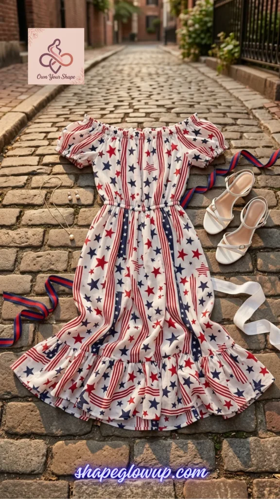 A romantic off-the-shoulder dress flat lay from the 7 Fancy 4th of July Outfits for Women in 2026 – Dressy Patriotic Looks for the 250th Celebration.