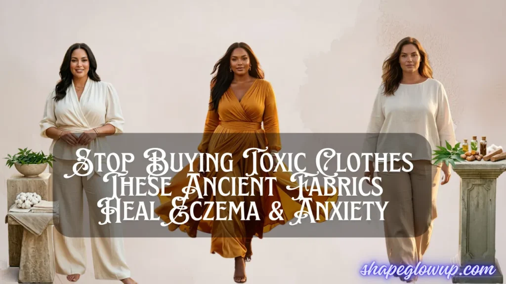 A wide banner featuring three women side-by-side against a neutral, light backdrop, modeling natural, sustainable clothing. Across the center, a dark semi-transparent overlay displays white text that reads, "Stop Buying Toxic Clothes These Ancient Fabrics Heal Eczema & Anxiety." On the left, a smiling woman wears a cream wrap-top and trousers next to a small table with fresh green leaves and cotton bolls. In the center, a woman walks forward in a flowing, draped golden-yellow dress. On the right, a woman stands in a relaxed off-white top and beige pants next to a stone pillar holding herbal vials and raw plants. The website "shapeglowup.com" is watermarked in the bottom right corner.