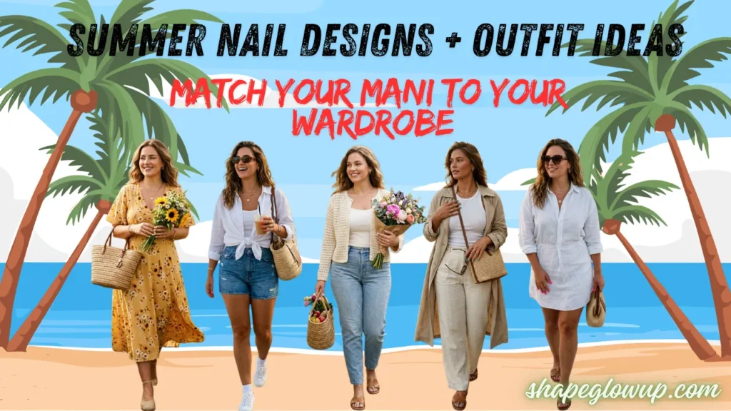 Five women showcasing different summer outfit ideas walk along an illustrated beach with palm trees. Overlay text reads "SUMMER NAIL DESIGNS + OUTFIT IDEAS: MATCH YOUR MANI TO YOUR WARDROBE." Outfits include a yellow floral midi dress, denim shorts with a white button-down, jeans paired with a crochet cardigan, beige linen trousers, and a white linen shirt dress.