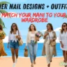 Five women showcasing different summer outfit ideas walk along an illustrated beach with palm trees. Overlay text reads "SUMMER NAIL DESIGNS + OUTFIT IDEAS: MATCH YOUR MANI TO YOUR WARDROBE." Outfits include a yellow floral midi dress, denim shorts with a white button-down, jeans paired with a crochet cardigan, beige linen trousers, and a white linen shirt dress.