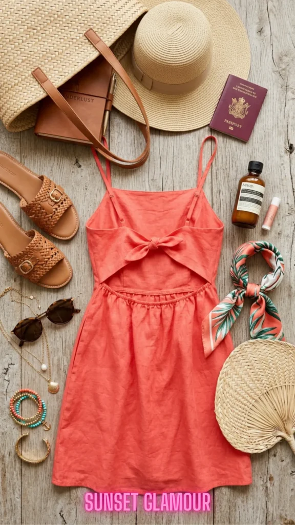 Tropical vacation coral dress flat lay flat arrangement inspired by 10 Open-Back Dresses That Are Turning Heads in 2026: Elegant Styles You'll Want to Wear Everywhere.