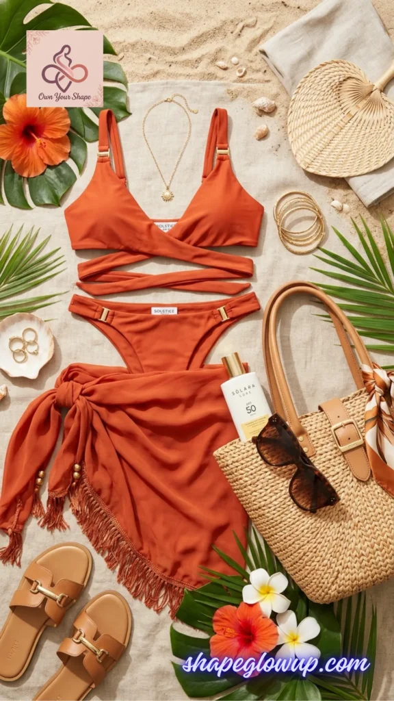 Flat lay aesthetic showcasing the Sunset Orange Wrap Bikini - flat lay with accessories from Viral Beach Looks ☀️ 7 Trending Beach Outfits 2026 You Need to Buy.